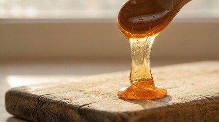 Close up of golden honey dripping from a wooden spoon onto a rustic cutting board, warm light highlighting amber syrup, natural sweet drizzle perfect for breakfast, tea, or baking
