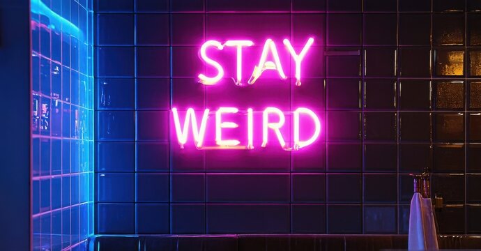 Bright neon sign displays Stay Weird against tiled wall. Dark room creates vibrant contrast, modern aesthetic.