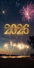 2026 Golden Neon Numbers Over Night Fireworks Sky, Celebrating New Year And Future Success, Festive Holiday Background With Copy Space For Events, Marketing, Promotions, And Celebrations.