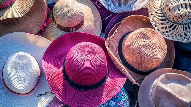 A photo of a pile of various hats for summer.