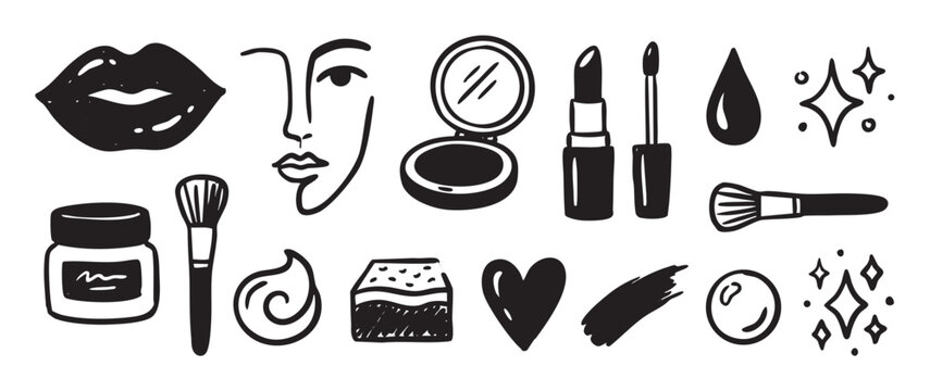 Collection of hand-drawn black beauty icons with various cosmetic elements like lipstick, makeup brushes, lips, and a compact mirror in a minimalist doodle art style