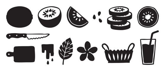Obraz premium Set of black hand-drawn kiwi fruit icons showing whole, sliced, and juiced fruit with a knife, cutting board, and basket in a simple graphic linocut style illustration