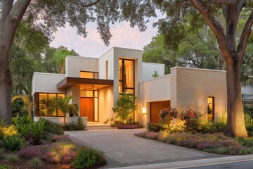 Modern luxury house exterior with illuminated windows at twilight