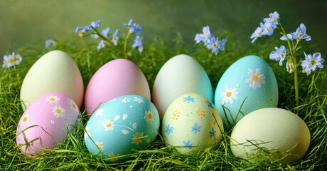 Fototapeta premium Colorful Easter eggs rest among grass, forgetmenot flowers. Springtime scene evokes joy, celebration, renewal. Bright hues dominate composition.