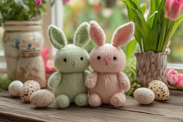 Two adorable knitted bunnies sitting on a wooden windowsill with Easter eggs