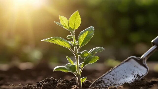 Young green plant beginning to grow in rich soil, illuminated by warm morning sunlight, with gardening trowel nearby preparing the earth for cultivation.