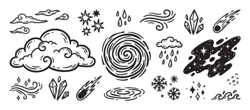 Set of hand-drawn weather and nature doodle illustrations featuring clouds, stars, wind, rain, and celestial elements in a simple black and white line art graphic style