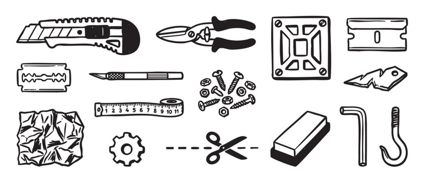 Collection of hand-drawn hardware tools and craft supplies in a black and white doodle style, including a knife, scissors, screws, blades, and a measuring tape for DIY projects