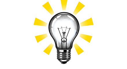 Incandescent light bulb with radiating yellow light rays on white background light bulb, idea, innovation
