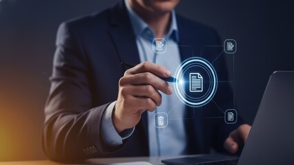 Businessman interacting with a futuristic digital document management system, pointing at a glowing file icon with a stylus, symbolizing efficient data handling and digital workflow.