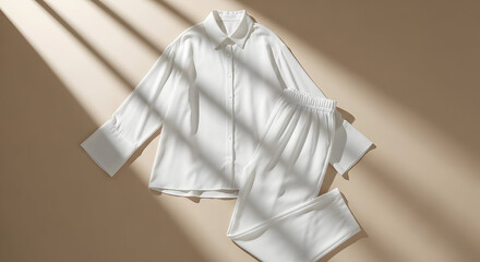 Minimalist flat lay of white silk pajama set with soft light and shadow patterns pajamas
