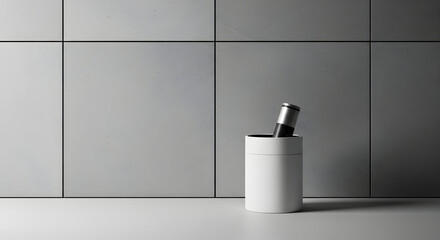 Minimalist White Cylinder Container Holding a Black and Silver Object on a Tiled Surface
