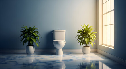 Modern Bathroom with White Toilet, Potted Plants, and Marble Floor interior
