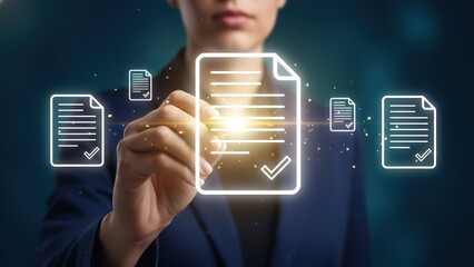 A person interacting with glowing digital document icons, symbolizing data management and verification in a professional setting.