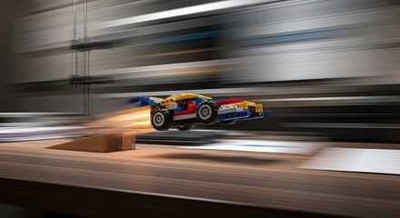 Lego Car Soaring Through the Air with Speeding Motion Blur Background, High-Speed Action