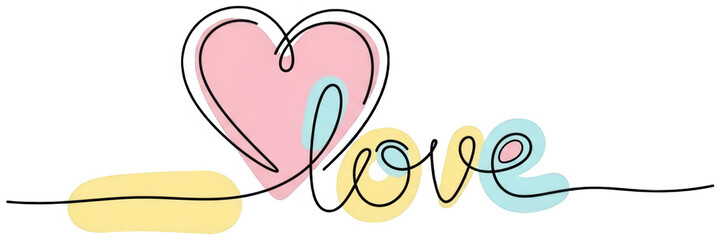 Valentine Minimalist continuous single line art drawing forming stylized heart shape and handwritten typographic word love with soft pastel color blocks