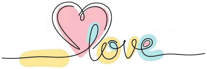 Valentine Minimalist continuous single line art drawing forming stylized heart shape and handwritten typographic word love with soft pastel color blocks