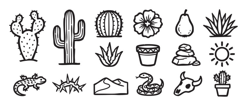 Collection of hand-drawn desert icons featuring various cacti, a snake, a lizard, a cow skull, and other southwestern elements in a simple black and white graphic line art style