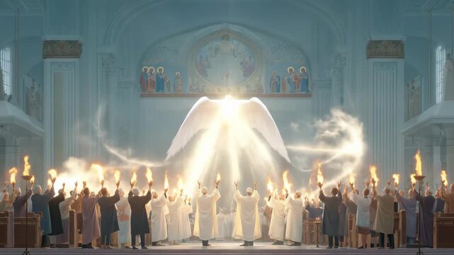 Sacred dove descends within hallowed church revealing divine presence during Pentecost eve observance, illuminating faithful gathered with holy spirit light.