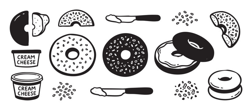 Hand drawn bagel and cream cheese illustrations in a charming doodle style set, featuring whole and sliced bagels with seeds, tubs of spread, and a knife