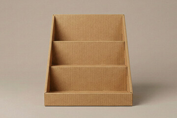 Front view of an empty three tiered cardboard counter display stand for retail product presentation