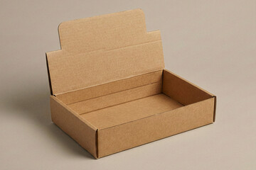 Perspective view of an open cardboard counter display box with a rising back header for logo placement