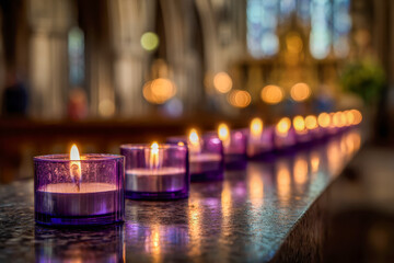 Row of small purple candle holders with flickering flames glowing softly on a reflective surface inside a dimly lit church interior with blurred background lights