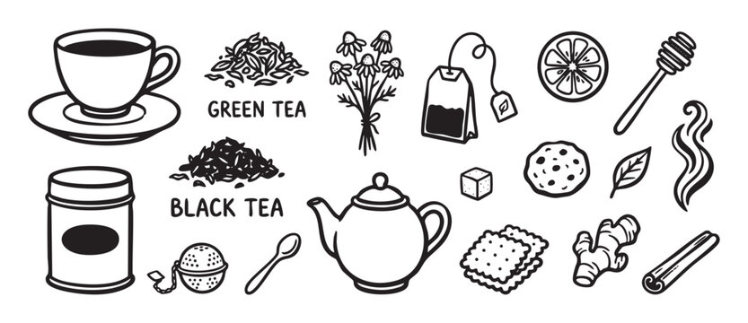 Hand-drawn set of tea time icons featuring a cup, teapot, loose leaf tea, lemon, honey, and spices for a cozy beverage concept, illustrated in a simple black and white doodle style