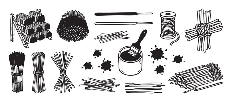 Set of hand-drawn incense making supplies including joss sticks, bundles, a drying rack, fragrance can, brush, and twine in a black and white sketch style illustration