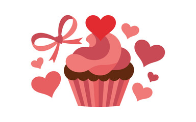 A colorful cupcake with pink frosting and hearts for Valentine's Day