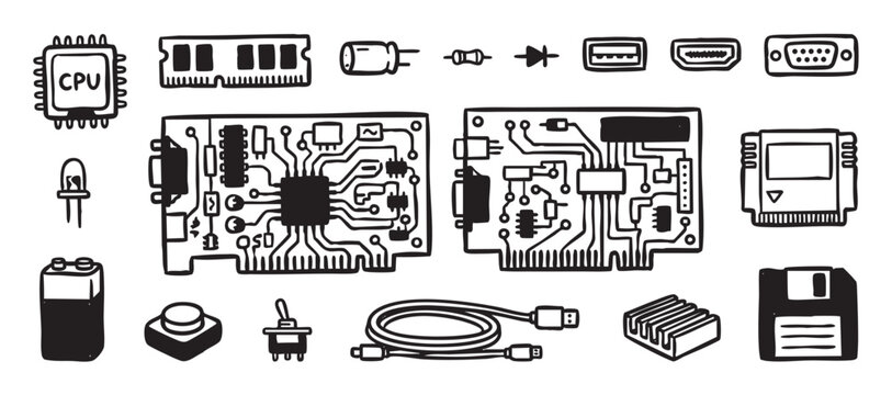 Hand-drawn black and white electronic components set including a CPU, circuit board, RAM, and floppy disk in a simple doodle style illustration for technology concepts