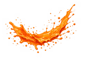 Vibrant orange liquid splash creating dynamic movement and fluid shape. Fresh juice concept with flying droplets on transparent background