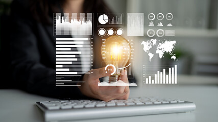 Businesswoman interacts with digital data analytics visuals, symbolizing innovation and strategic insights for effective decision-making in a modern office setting. Impute