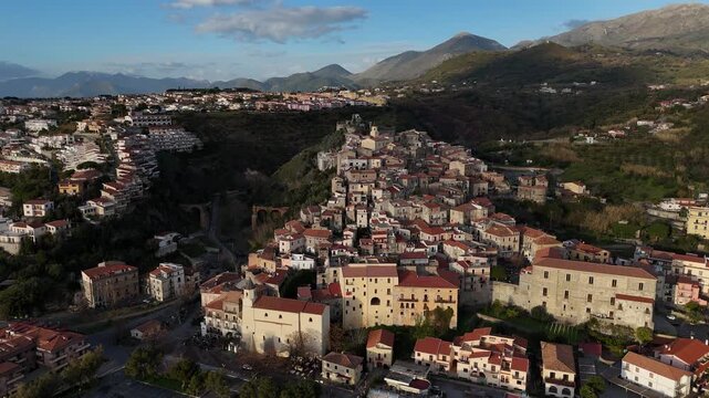 Vertical Aerial Drone View of Scalea Old Town Hillside Village