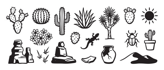 Hand drawn set of desert icons featuring various cacti, a lizard, beetle, sun, and rock formations in a simple black and white graphic illustration style for nature themes