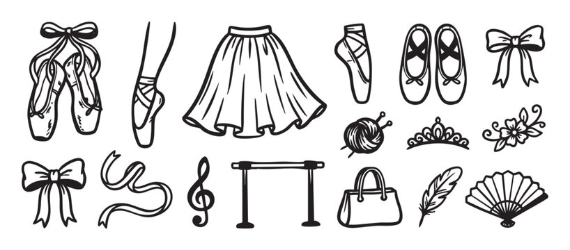 Collection of black hand drawn ballet themed doodle illustrations including pointe shoes, a tutu skirt, barre, tiara, and other dance accessories in a simple line art style