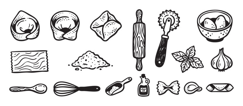 Hand-drawn black and white pasta making icons featuring tortellini, ravioli, flour, a rolling pin, and other kitchen utensils in a vintage sketch style for culinary design