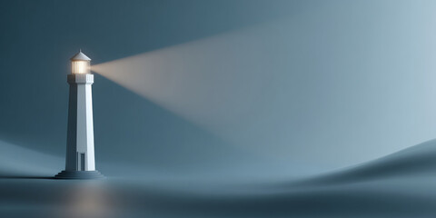 Minimalistic white lighthouse shining bright light beam over calm misty water with soft blue gradient background