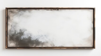 Modern abstract painting with a textured white, black, and grey background. Minimalist contemporary artwork in a rustic wooden frame on a white wall