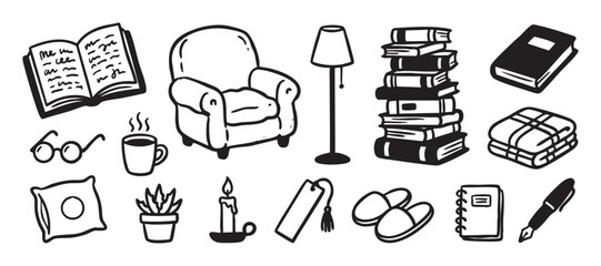 Collection of black and white doodle icons for a cozy reading theme, including a comfy armchair, stack of books, floor lamp, hot drink, blanket, slippers, and a candle
