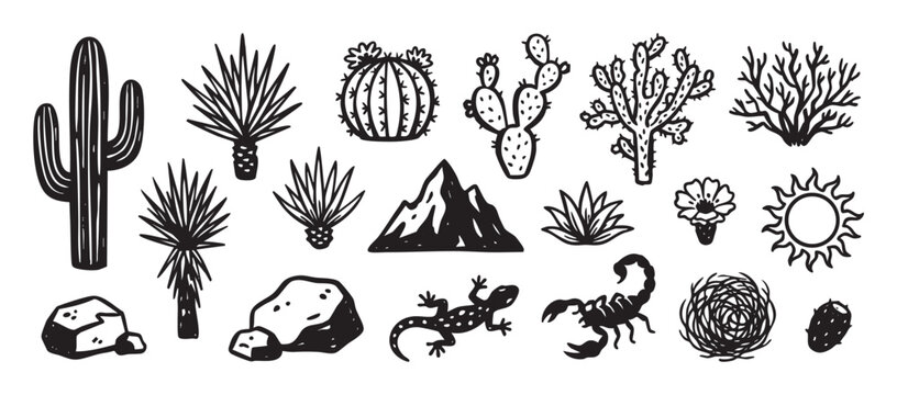 Various hand drawn desert elements including cactus, scorpion, lizard, mountain, and sun in a rustic black and white linocut style for nature or western concepts