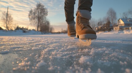 Ice skating on frozen lake at sunset in winter wonderland