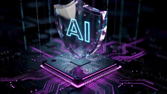 Artificial intelligence security animation video with glowing ai shield on processor chip, smart protection system, secure neural computing, futuristic digital technology background