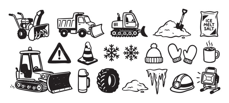 Hand-drawn collection of snow removal icons featuring a plow truck, bulldozer, snow blower, and winter work equipment in a simple black and white line art illustration style