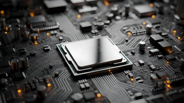 Modern cpu processor animation video on advanced motherboard, high performance computing power, electronic circuit details, professional digital hardware technology background
