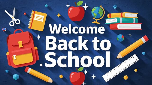 Cheerful flat lay illustration with the text welcome back to school surrounded by educational icons including a globe, pencils, and ruler on a dark blue textured backdrop for students.