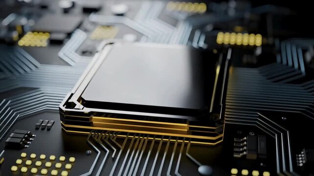 Premium processor chip animation video with metallic cpu design, high performance computing power, advanced semiconductor technology, modern digital hardware background