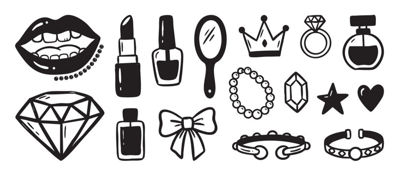 Set of hand-drawn black doodle icons featuring beauty and fashion accessories like lipstick, a diamond, a crown, and perfume in a simple sketch vector illustration style