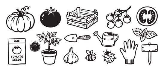 Hand-drawn black and white gardening icon set with various tomatoes, a seedling, watering can, trowel, crate, and insects in a cute, simple sketch style for agriculture themes