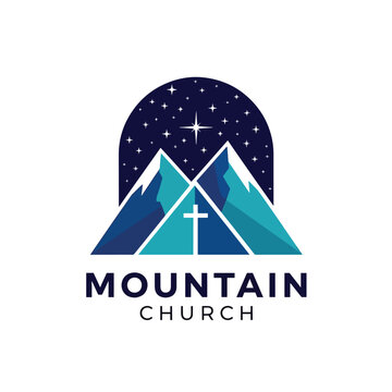 Vector illustration of a mountain church logo with a Christian cross under a starry night sky.